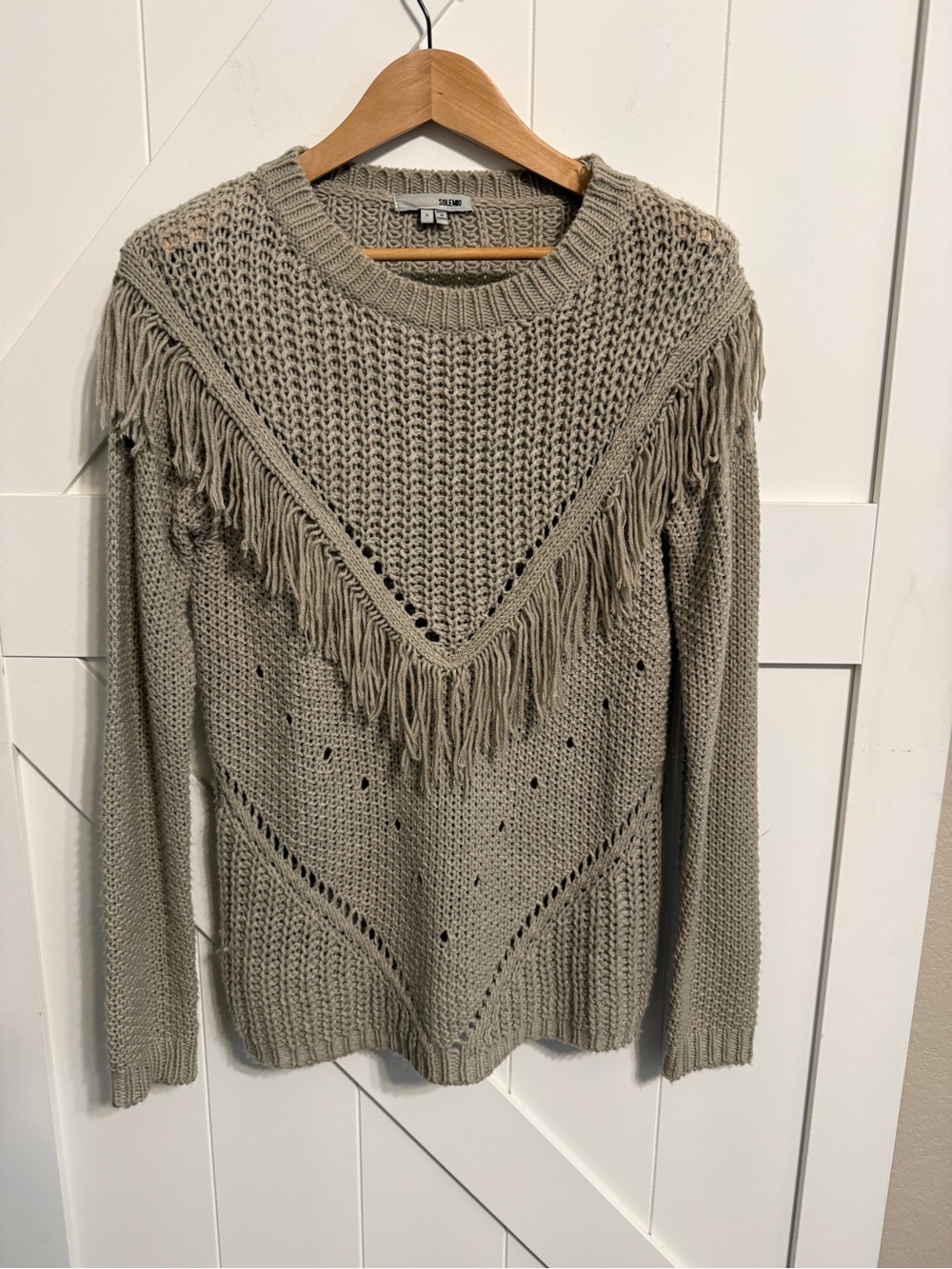 Solemio Taupe Fringed Knit Crewneck Sweater Women’s Small Boho Hippie Western